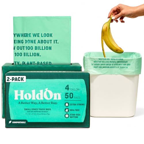 HoldOn Compostable Small Kitchen Bags 4 Gallon - Leak-Resistant Triple-Ply Tie-Top Compost Bin Bags for Countertop Small Space Bathroom & Office Bins BPA-Free BPI Certified 50 Count (2-Pack)