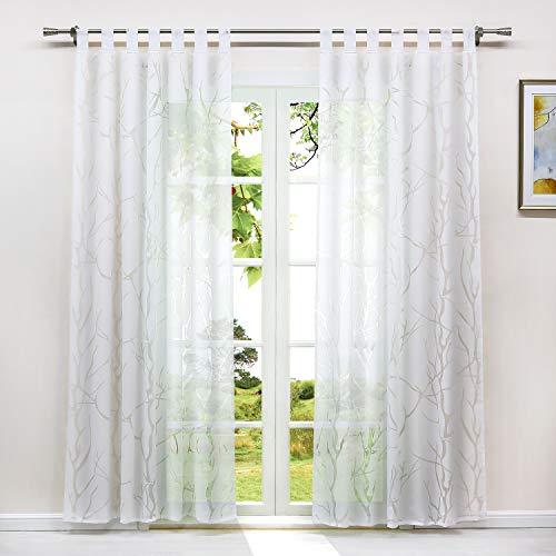 Heichkell Rideau transparent dévoré - 1 pièce - Rideau moderne - Avec passants - Motif branches d'arbre - Blanc - 140 x 145 cm Cover
