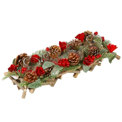 Christmas Table Decoration Tea Light Candle Holder Jar Four Section Pine Cone & Natural Wood Christmas Winter Table Centrepiece Décor Festive Tealight Holder Xmas Table Decorations (Red)