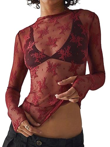 Image of JOKELAMB Women's Lace Mesh Bolero Shrug, Long Sleeve Crop Cardigan | Lace, Long Sleeve, Y2K, Floral,Adds Elegant Arm Coverage for Camisoles Dresses