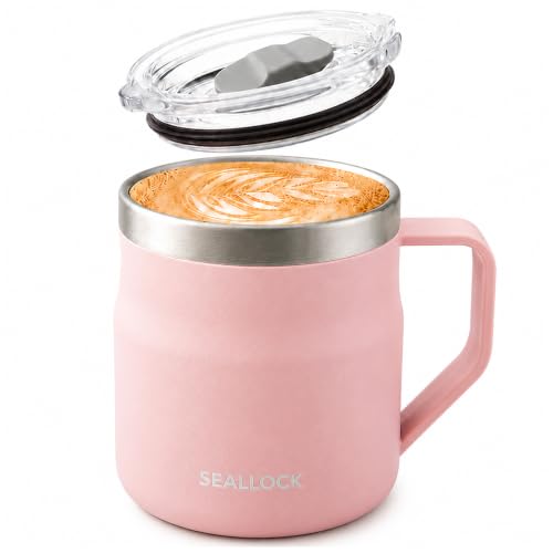 SiHuiTu Ins Style Coffee Cup, Insulated Stainless Steel Desk Cup, Coffee Mug with Lid & Handle – Reusable Office Mug​ for Hot & Cold Drinks, Modern Design, 450ml (Pink)