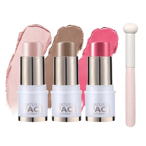 EONFAVE 3 barras de contorno de color crema, iluminador y colorete con pincel, resistentes al agua, lápices de contorno de larga duración para mejillas, labios y ojos, textura de leche, crea