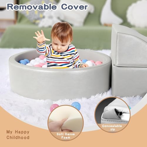 Image of Hoohtoot Foam Climbing Blocks for Toddler: with 4-Piece PU Leather Climbing Toys and a Ball Pit - Foam Ball Pit for Toddlers - Climbing Toys Indoor for Kids Crawling