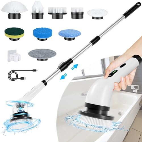 Image of Electric Spin Scrubber Cordless, Powerful Motor, 9 Replaceable Brush Heads, Long Handle, 2 Speeds, Whiteblack, Cleaning Brush for Bathroom, Bathtub, Tile, Floor, Car