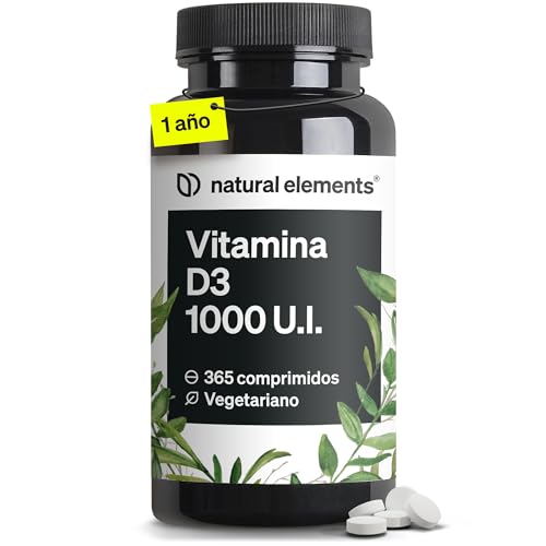 Vitamina D3 1000 UI - 365 Tabletas para 1 año - Huesos y sistema inmunitario - Vitamina D colecalciferol en alta dosificación - Probado en laboratorio y sin aditivos innecesarios