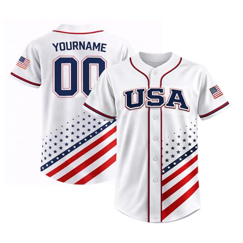 Camiseta de béisbol patriótica USA personalizada con nombre y número, con bandera americana, tipo camisa abotonada para hombres y mujeres miniatura 1