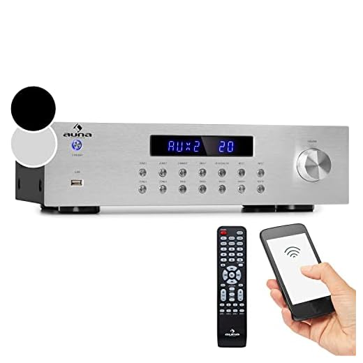 Auna Verstärker, HiFi Stereo Mini Verstärker, HiFi-Verstärker mit Bass & Treble Regler, 4 Kanal Audio-Verstärker, Stereo-Verstärker & Lautsprecher mit Fernbedienung & AUX Eingang, AV Receiver