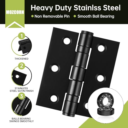 6-Pack Black Door Hinges, 3 Inch Heavy Duty Stainless Steel Hinge for Interior Exterior Doors, Max Loading 100LB, Matte Black Ball Bearing Hinges with Screws, Smooth and Quiet by MOZCORN - Used condition - Image 3