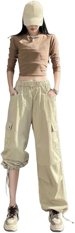 JYHBHMZG Women's American Style Spring Silk Cotton Cuffed Hem Wide Leg Casual Sports Cargo Pants