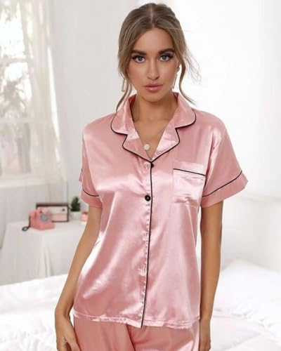 Pijama Americano Feminino Cetim de Seda Meia Estação Calça e Manga Curta com bolso e botões - Rosa C