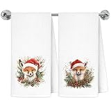 Exqcom Christmas Fox Kitchen Towels, Christmas Santa Hat Fox Wreath Dish Tea Towels for Kitchen Decor, Xmas Forest Animal Decorative Hand Towel Bathroom Decor, 16x24 Inch Inch Set of 2