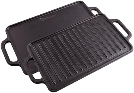 Victoria Rectangular Cast Iron Griddle. Double Burner Griddle, Reversible Griddle Grill, 13 x 8.5 Inch, Seasoned with 100% Kosher Certified Non-GMO Flaxseed Oil, Model: GDL-189