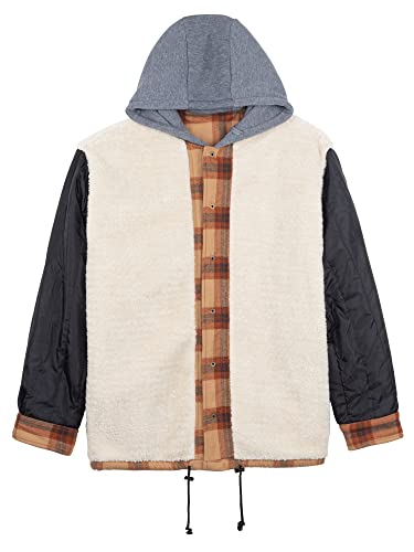 Image of COEVALS CLUB Men's Flannel Fleece Sherpa Quilted Lined Plaid Snap Work Shirt Jacket /Hooded