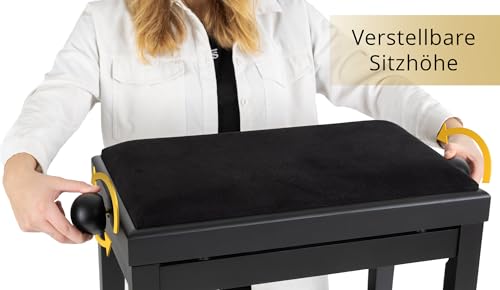 Classic Cantabile Pianobank Schwarz-matt - Höhenverstellbar von 47-56cm - Klavierhocker mit Spindelmechanik - Klavierbank Sitzfläche 55 x 32cm - Schwarzer Klavierstuhl mit Velourbezug, stabil