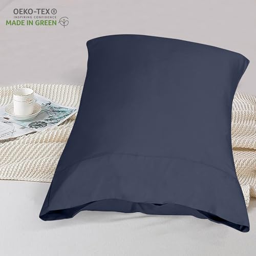 Image of ROYALE LINENS 300 Thread Count 100% Long Staple Combed Cotton Pillowcases Set of 2 - Ultra Soft - Standard Bed Pillow Cover - 20 inchx26 inch - Breathable, Cool & Crisp Percale Navy Pillow Cases (Std, Navy)