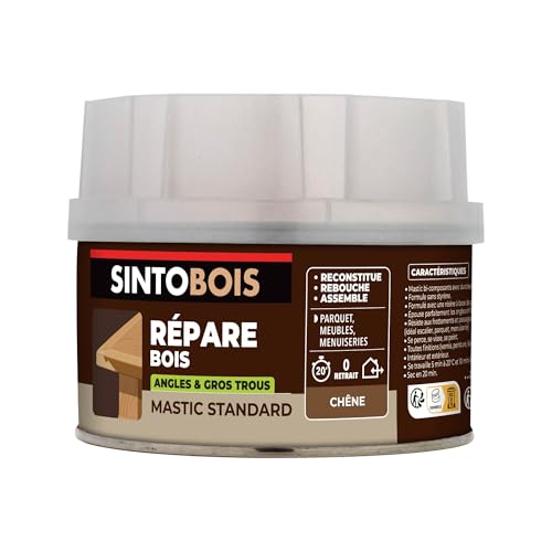 SINTO - Pâte à Bois - Angles et Gros Trous - Reconstitue Parties les Manquantes - Intérieur Extérieur - Haute Résistance & Adhérence - Sec en 20min - Chêne - Technique Professionnelle - 190g