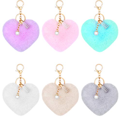 6 Pieces Colorful Tassel Pearl Pom Poms Keychains Heart Shaped Pompoms Keyring Faux Rabbit Fur Pompoms Keyring Fluffy Car Bag Charm for Girls Women