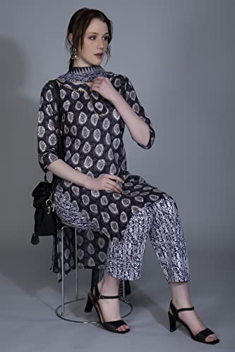 Image of DHRUVI TRENDZ Womens Cotton Blend Women Kurta Set with Duptta and Pant Regular Fit Straight (DT-K2695&P117&D72 Black S)