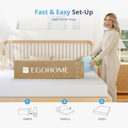 Image of EGOHOME 3 Inch Queen Memory Foam Mattress Topper- Cooling Gel Infused | Pressure Relieving Pad in a box, Dorm Room Essentials, CertiPUR Certified, Blue