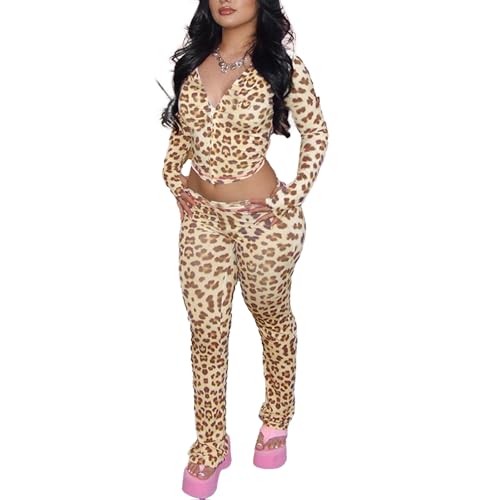 YOUFE Women's 2 Piece Sets Leopard Print Long Sleeve Zip Hoodie Jacket Flare Pants Fall Cheetah Print Going Out Outftis