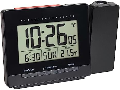 TFA Dostmann Radio Projection Power Supply, Alarm Clock, Indoor Temperature, Date, Black, L151 x B80 x H140 mm
