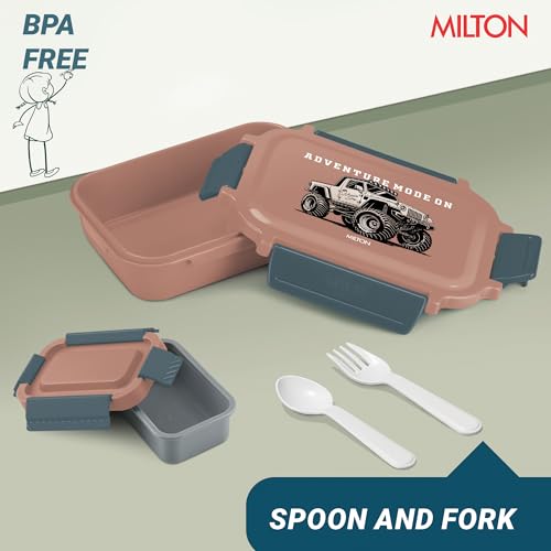 Image of MILTON Super Sherry Tiffin Lunch Box for Kids, 780 ml | Leak-Proof Inner Container with Clip Lock Lid | BPA Free, Food Grade | Compact & Durable Snack Box with Plastic Spoon & Fork | Brown