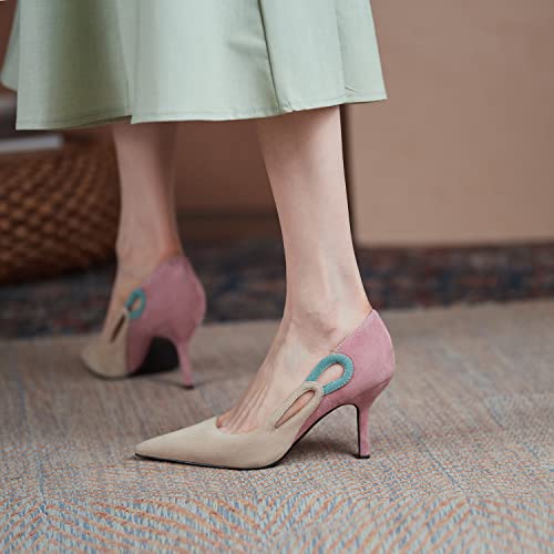 LEHOOR Women Kitten Heel Pumps Pointed Toe Suede Stilettos High Heel Dress Shoes Rainbow Slip On 2.5”Heels Cutout Sandals Multicolor Patchwork for Bridal Wedding Office Ladies Evening Party 4-11 M US2