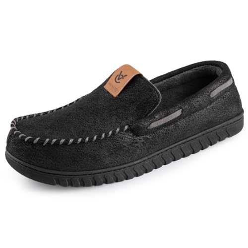 VeraCosy Mens Microsuede Moccasin Slippers with Memory Foam and Coral Fleece Lining Bold Black 10 UK