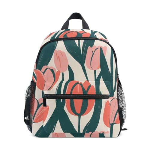 Tropical Tulip Pattern Toddler Backpack Kids Preschool Backpacks with Name Tag for Boys Girls