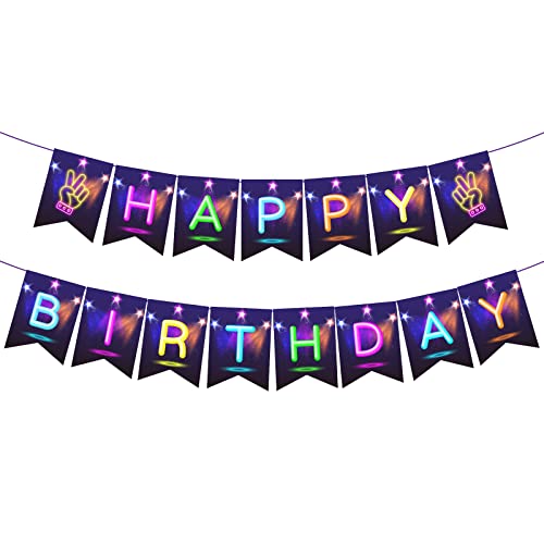 CC HOME Glow Happy Birthday Banner, Glow Party Decoration, Glow in The Dark Letters Theme Party Supplies Boys Girls Kids Home Classroom Baby Showers Birthday Party Decorations Club Bar Hanging Flags