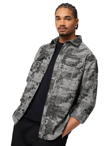 Image of The Souled Store: Dark Mirage Men and Boys Long Sleeve Spread Collar Grey Abstract Print Cotton Blend Lightweight Everyday Office Wear Easy to Style Casual Relaxed Fit Shirt