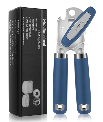 Safring Can Opener Manual, Heavy Duty Handheld Strong Can Opener with Soft Touch Handle, Sharp Blade Smooth Edge, Can Openers with Multifunctional Bottle Opener, Blue