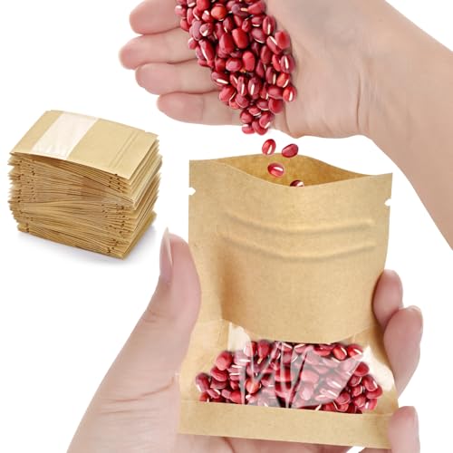 100 Pcs Small Resealable Seed Envelopes Mini Zip Lock Kraft Bags with Window 2.7x3.5 Coffee Sample Bags Resealable Ziplock Small Business for Samples Bag Food Storage Bag