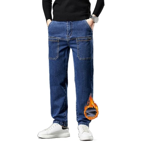 Mecutie Jeans, Men High Stretch Multi-Pocket Durable Cargo Pants, Cargo Jeans for Men, Motorcycle Jeans for Men (Dark Blue Velvet,33)