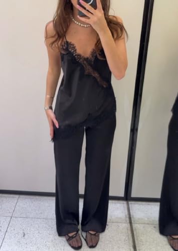 Women Satin Lace Trim Cami Tops Silk V Neck Spaghetti Strap Tank Top Y2k Loose Going Out Camisoles Streetwear4