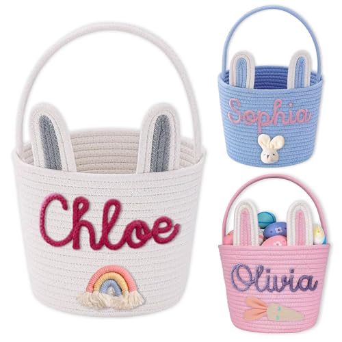 Personalized Easter Basket Custom Woven Egg Hunt Bag with Name | Cotton Rope Tote for Girls Boys Baby First Easter Gift | Medium Storage Bin