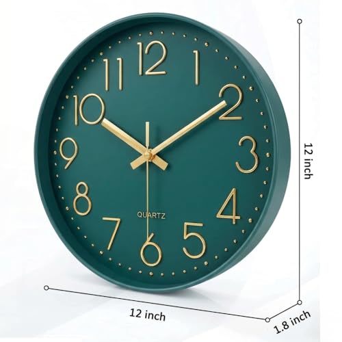 Image of STAR WORK Premium Wall Clock 12 inch Inch Silent Non-Ticking Quartz Movement | Easy to Read 3D Numbers | Modern Analog Clock for Home Decor, Living Room, Bedroom, Office (Green Gold, 12-Inch (30Cm))