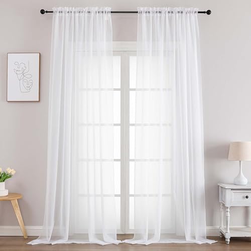 Image of Chyhomenyc Extra Long White Sheer Curtains 102 Inches Long 2 Panels - Light Filtering Curtains for Living Room, Soft Gentle Voile Rod Pocket Bedroom Window Drapes, 59Wx102L Inch