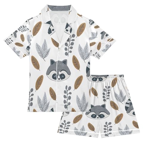 senya Pajama Sets Silky Button Down Nightwear Sleepwear Size 5-14 Years Little Raccoon Small Leaves