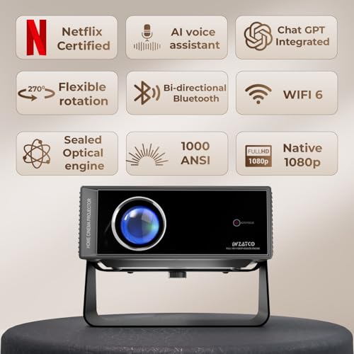Image of WZATCO Yuva Blaze Plus, Netflix Certified, Smart Home Projector 4k Ultra HD, Native 1080P Fully Automatic, 1000 ANSI, HDMI ARC, WiFi 6 & BT, Screen Mirroring, Portable Room Cinema, 270 Rotate, Grey