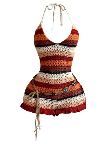 Floerns Womens Striped Ruffle Trim Short Romper Summer Tie Back Sleeveless Crochet Halter Jumpsuit Red Multi Medium