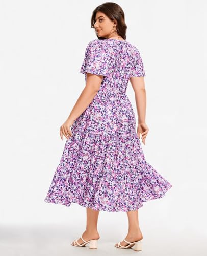 Women's 2025 Plus Size Casual Dress Floral Tiered V-Neck Aline Short Sleeve Summer Maxi Dresses with Pockets3