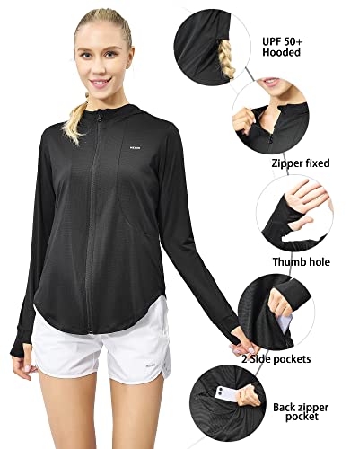 Meloo Women's Upf 50+ Sun Protection Hoodie Shirt Full Zip Long Sleeve Cooling Shirt Hiking Outdoor Performance Pockets Black L #TOP3
