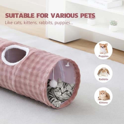 Image of Straight Bubble Cat Tunnel for Indoor Cats 47 inchx12 inch, Dusty Pink | Cute Cat Toys, Collapsible Tunnel Tube with Hanging Balls for Puppy Kitten Rabbit