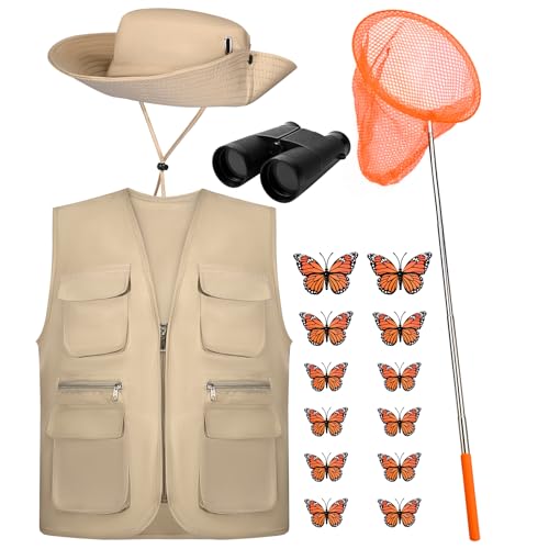 GANSHAYA 16 Pcs Halloween Butterfly Catcher Costume Accessories Bucket Hat Vest Telescopic Catching Net Butterflies Telescope for Adult Men Halloween Party Cosplay Dress Up