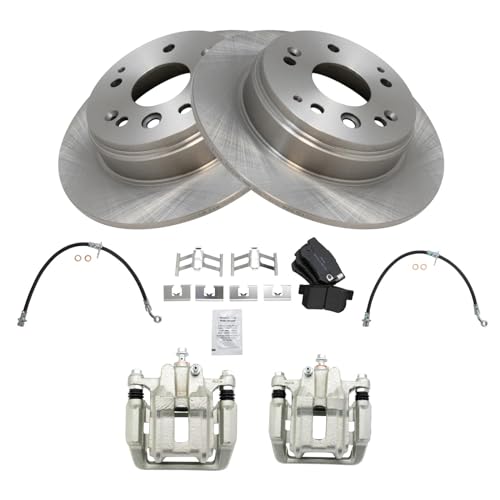 Image of TRQ Rear Brake Pad and Rotor Set Semi Metallic Rotors Calipers Hoses | For 2003-2011 Honda Element