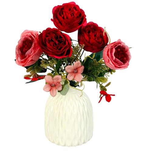 Image of Dekorly Artificial Peony Flowers Bunch | White Vase with Flowers Bunch | Artificial Plants for Home Office Hotel Decor | Bedroom Living Room Bathroom Decor (Red, Height : 30CM)