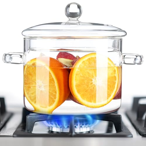 Glass Pots for Cooking on Stove, 1.5L/50OZ Simmer Pot with Lid,High Borosilicate, Heat-Resistant...