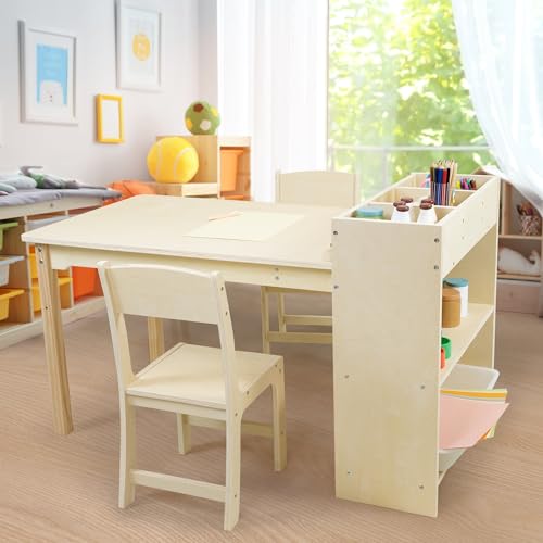 Children's Art and Craft Table Set with 2 Chairs, Birch Wood Activity Desk with Storage, 106x58cm...