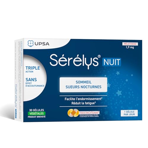 UPSA - Sérélys NUIT- Complément Alimentaire à Base de Mélatonine 1,9 mg, Magnésium & Vitamine E - Endormissement, Fatigue, Troubles du Sommeil & Sueurs Nocturnes - 30 Gélules Végétales - 1 mois